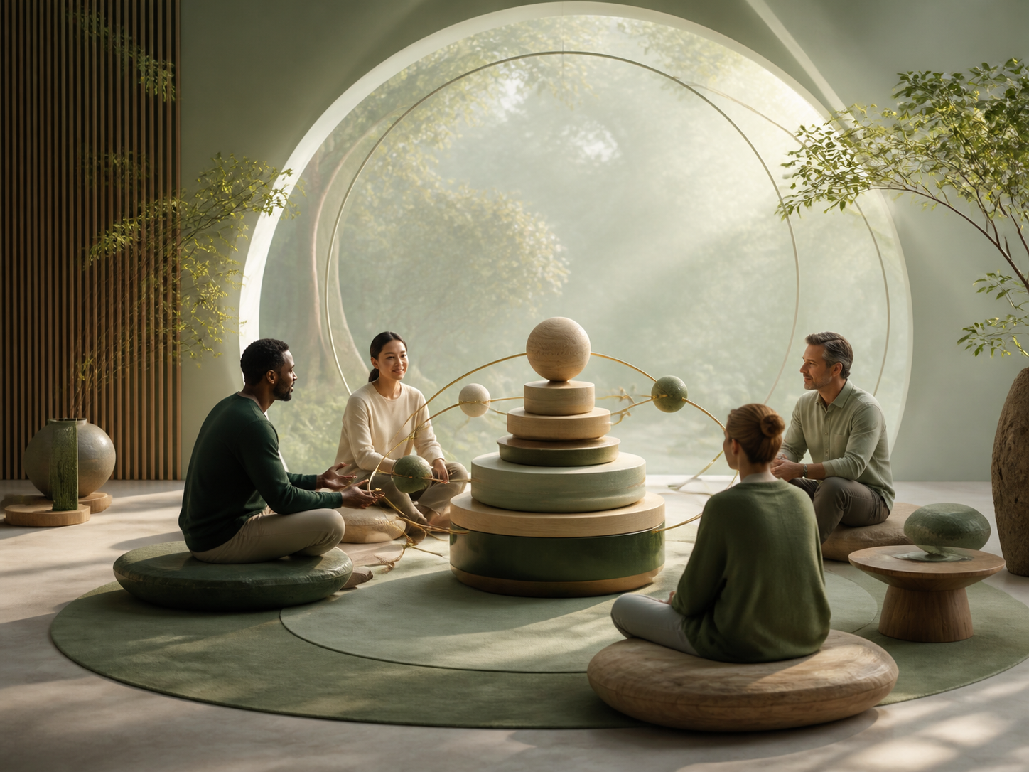 Conceptual editorial scene representing people and shared purpose around a stable foundation.