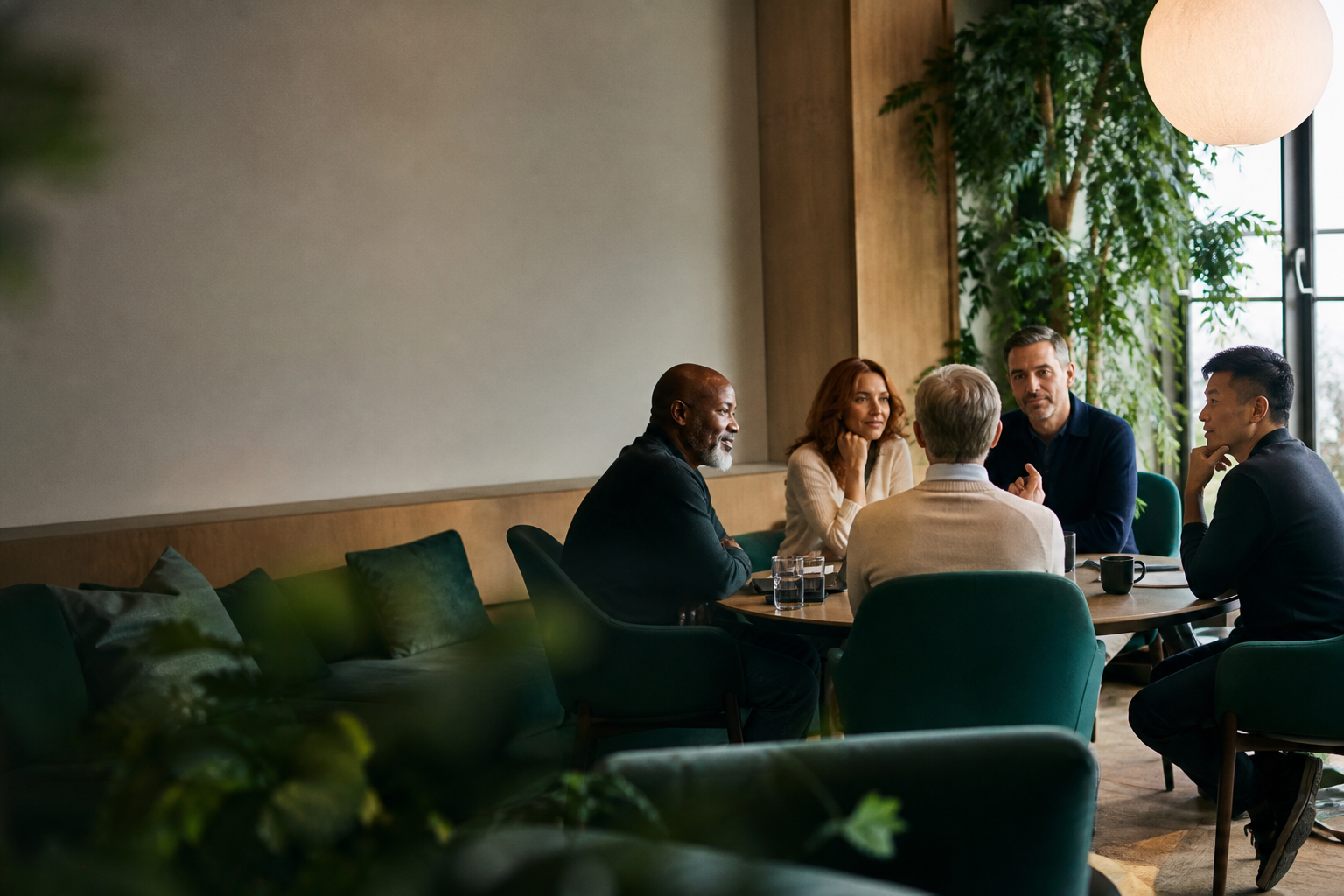 Conceptual editorial scene of leaders gathered for a trusted conversation.