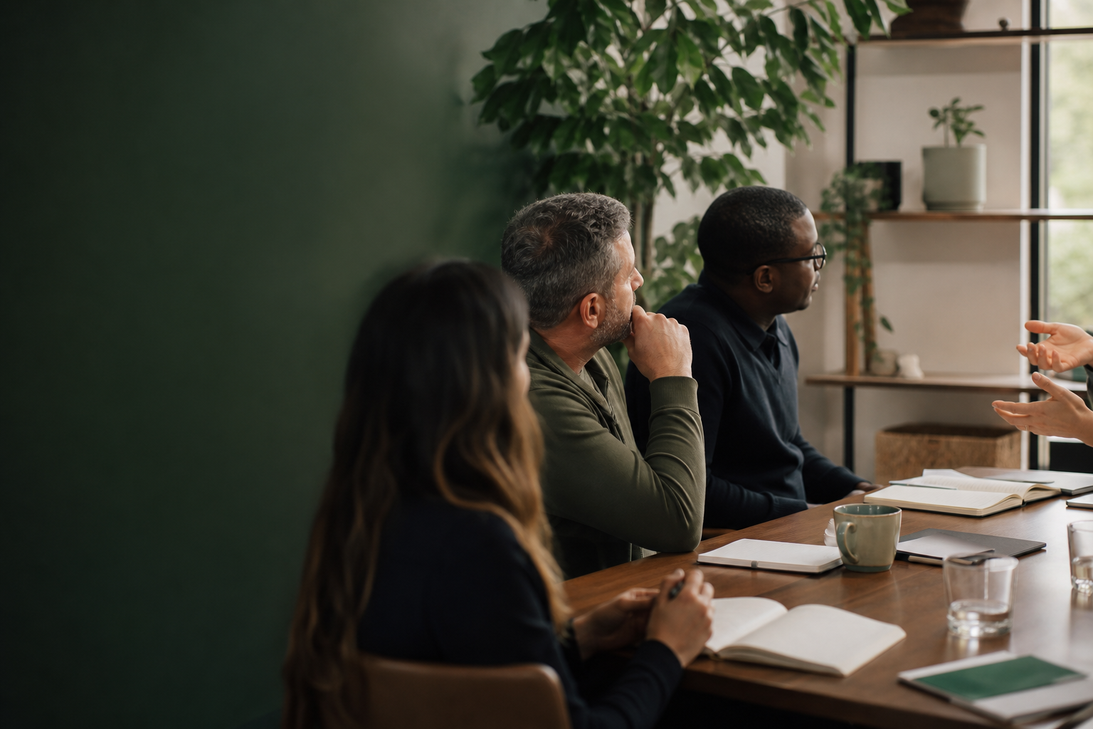 Conceptual editorial scene of technology leaders in a thoughtful workshop conversation.